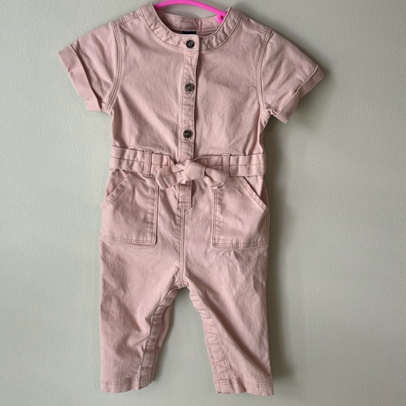 Old Navy utility jumpsuit short sleeve canvas pink 6-12 months - Picture 1 of 5